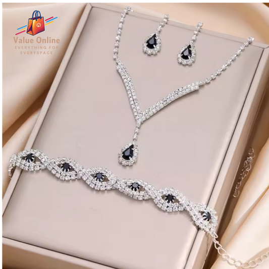 Bride Jewelry Set for Women Black Water Drop Crystal Earrings Wedding V Necklace