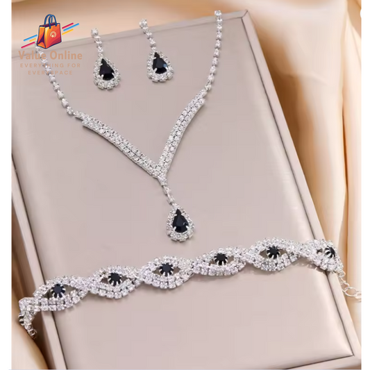 Bride Jewelry Set for Women Black Water Drop Crystal Earrings Wedding V Necklace