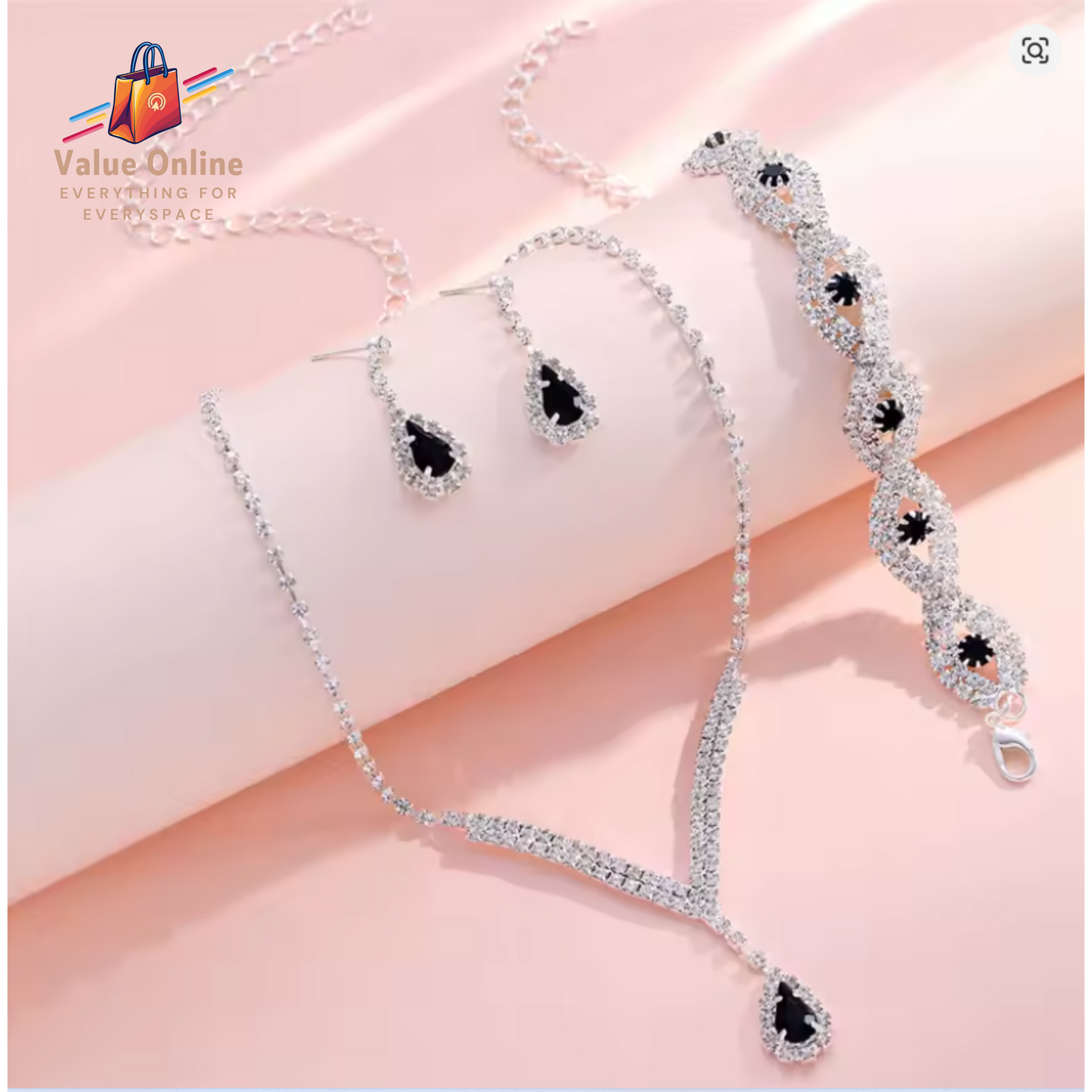 Bride Jewelry Set for Women Black Water Drop Crystal Earrings Wedding V Necklace