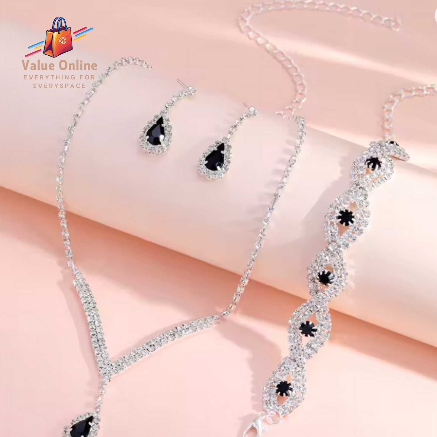 Bride Jewelry Set for Women Black Water Drop Crystal Earrings Wedding V Necklace