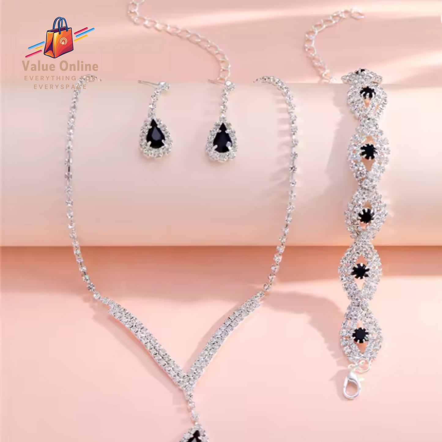 Bride Jewelry Set for Women Black Water Drop Crystal Earrings Wedding V Necklace