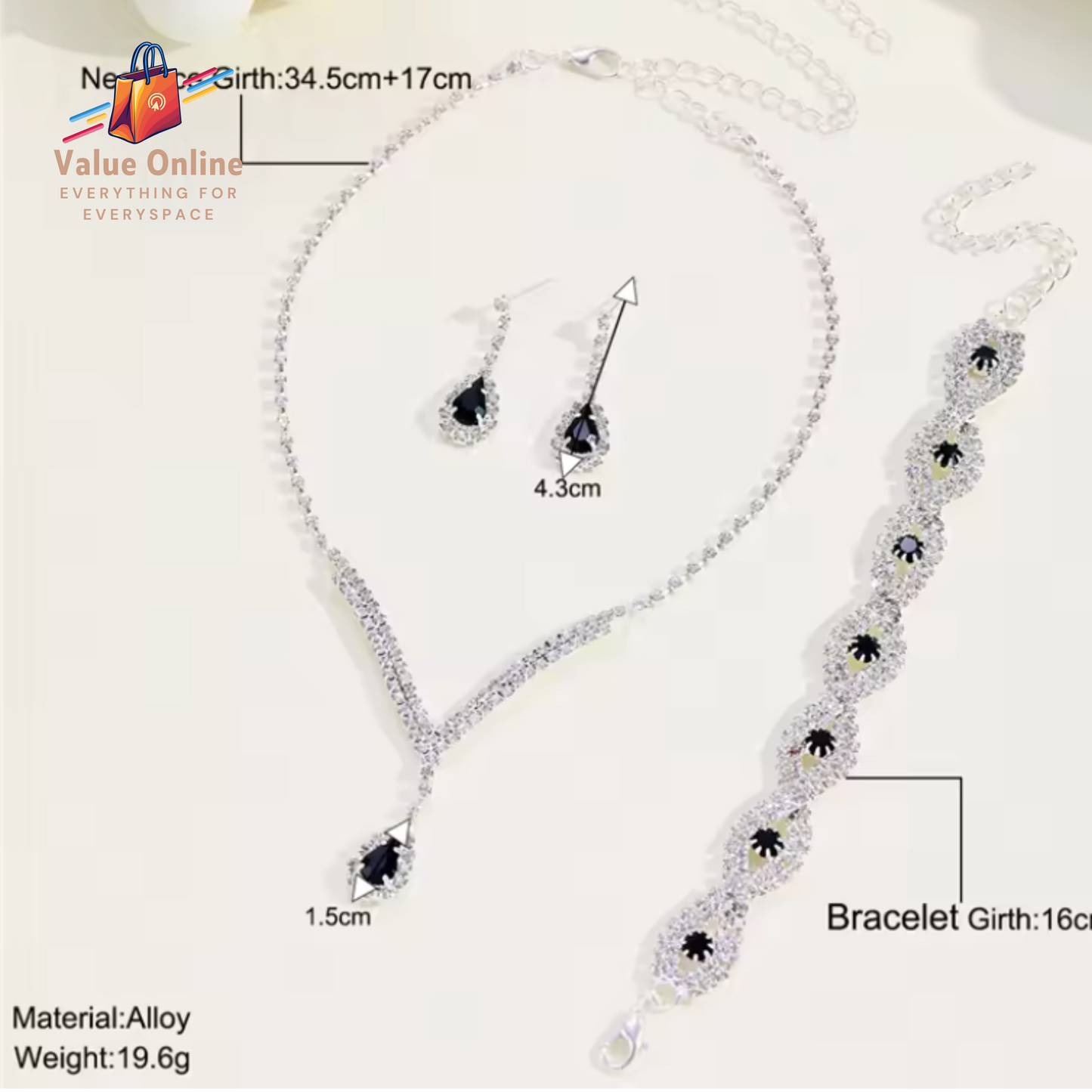 Bride Jewelry Set for Women Black Water Drop Crystal Earrings Wedding V Necklace