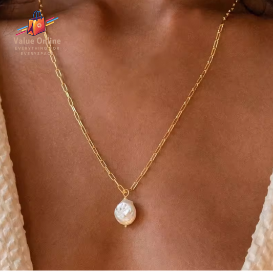 Freshwater Pearl Pendant Necklace Trendy Stainless Steel